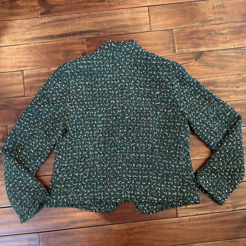 Chicos Tweed Jacket US Sz 4/6 Emerald Green Gold Open Front Jacket - Picture 4 of 4